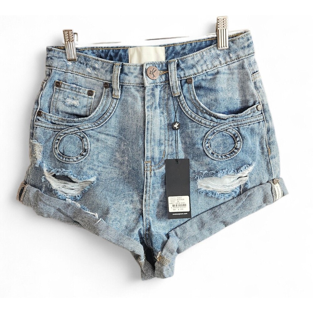 One Teaspoon Bandit Denim Shorts Womens Size 26 Blue Distressed High Rise NWT